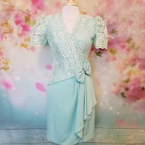 Vintage Light Blue 80s Dress Puff Sleeves with Bow Small